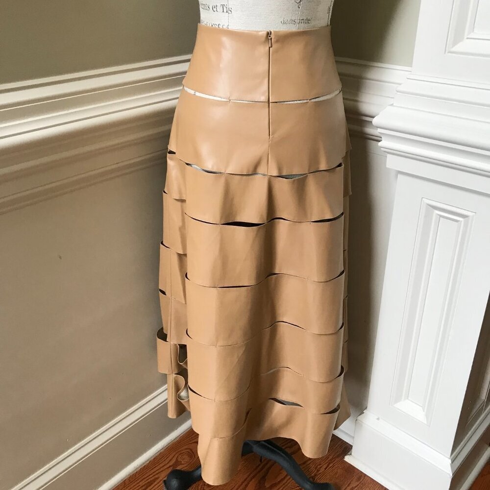 A.W.A.K.E Mode Multi Strap Midi Skirt Womens 40 Tan Vegan Leather A-Line Awake - Picture 14 of 15